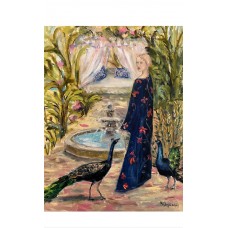 Lady and Peacocks in the Garden, oil painting on canvas 35*45 cm. Chinoiserie aesthetics, artist Marina Stognieva
